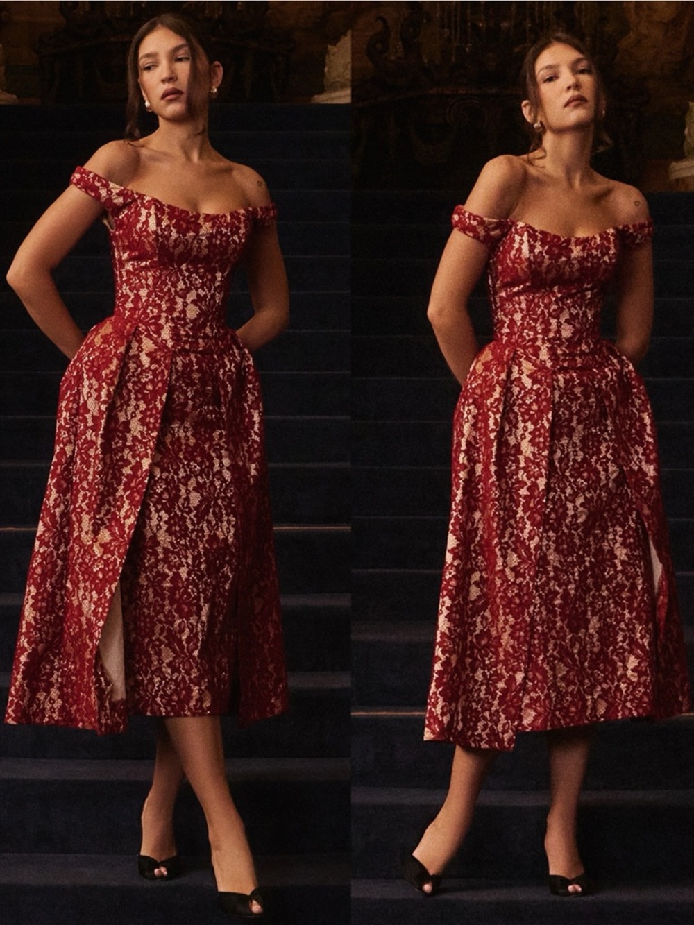 HOUSE OF CB 'Charming' Gold and Berry Lace Midi Off Shoulder Dress NWOT